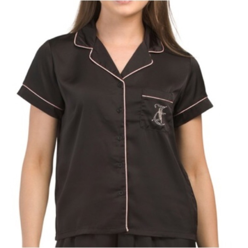 Juicy Couture Women's Satin Black and Pink Rhinestone Button Down Pajama Top XL